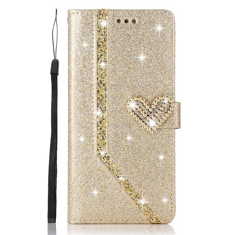 Luxury Bling Diamond PU Leather Flip Case Rhinestone 3D Love Heart Glitter Wallet Cover for iPhone Samsung Huawei Samsung A13/A04S gold