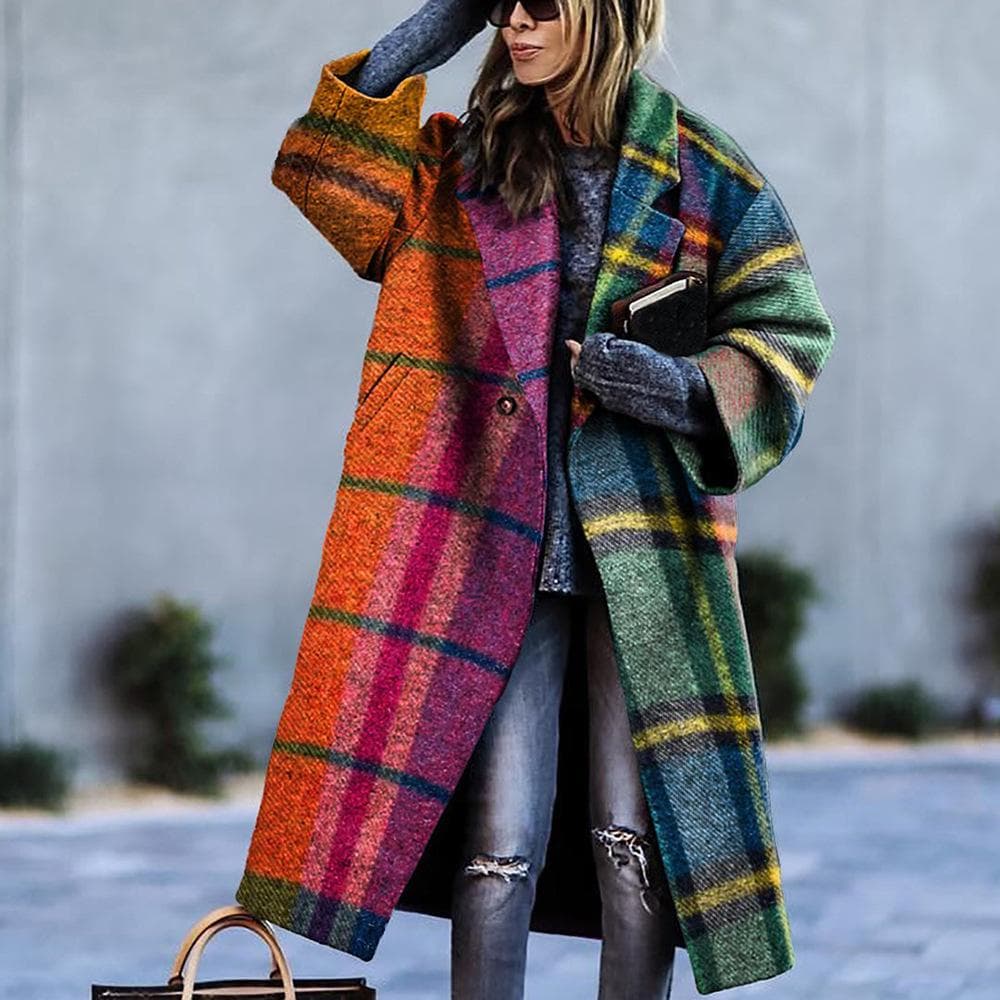 Autumn Women's Clothing Multi-color Plaid Long-sleeved Lapel Jacket XXL