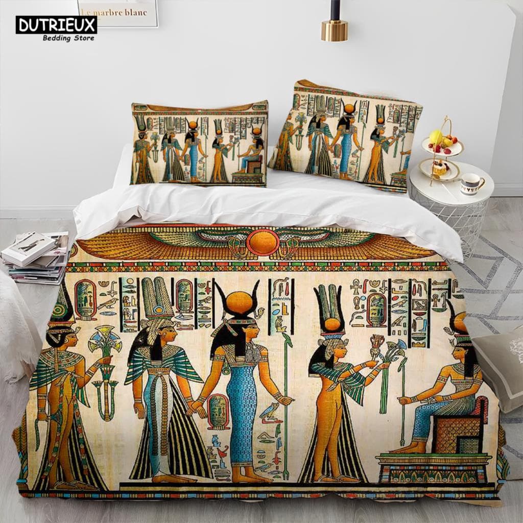 Egyptian Mythology Pharaoh Hieroglyphics Comforter Bedding Set,Duvet Cover Bed Set Quilt Cover Pillowcase,Queen Size Bedding Set EU King(240x220cm)
