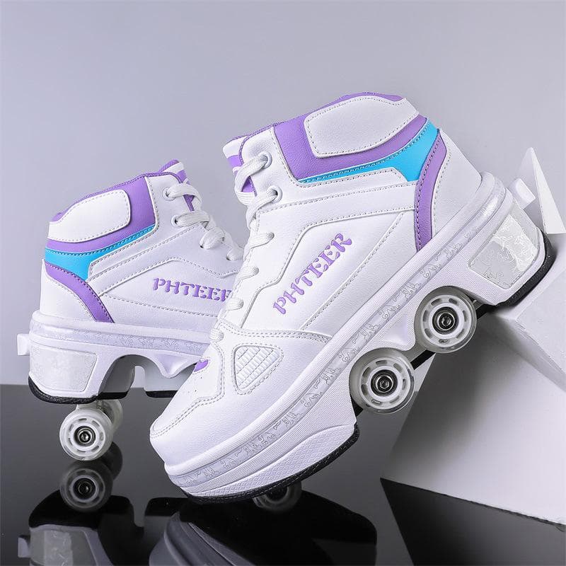 Children Teenagers Boys and Girls Shapeshifting Shoes Four Wheels Dual-purpose Roller Skates Double Row Runaway Shoes Roller Skates 36