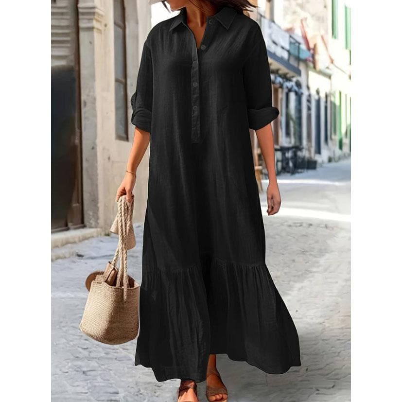 Summer Cotton Linen Women Dress Black Loose Long Sleeve Shirt Dresses Female Summer Casual Oversize Elegant Clothes Ladies M black