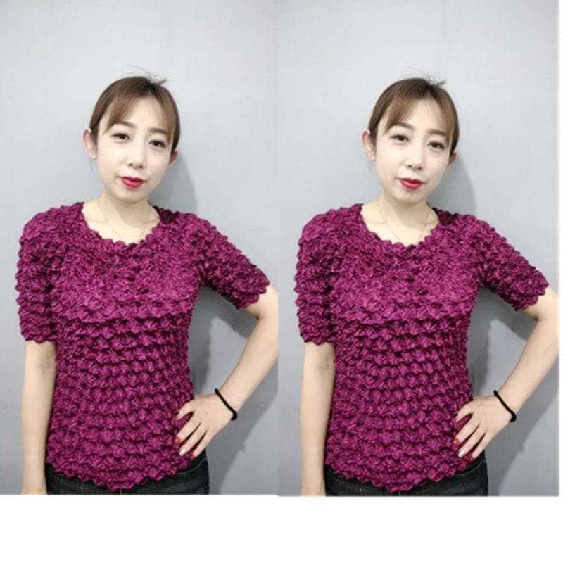 Women Casual T Shirts Pleated Pineapple Wrinkled Bubble Shirt Versatile Magic Suit Short Sleeve Solid Colorransparent Loose Hree-dimensional Top One size