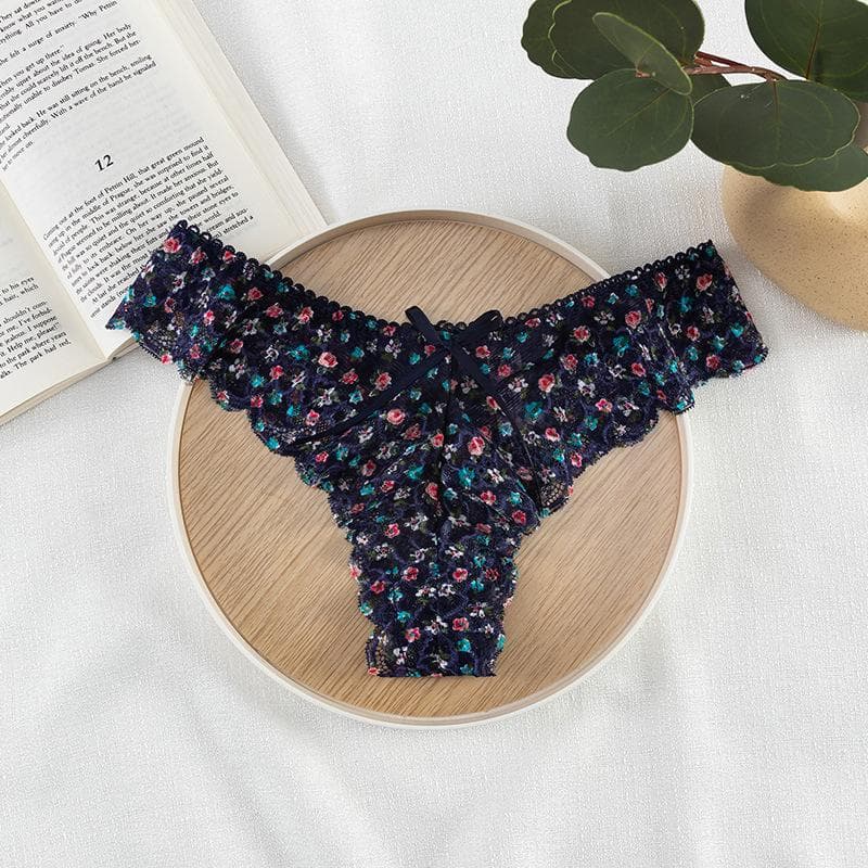 Sexy Flower Print Lace Thongs For Women Underpants Low Waist Panties Seamless Briefs Breathable Lingerie Female Underwear blue
