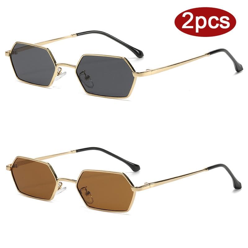 2pcs Fashion Women Sunglasses Small Rectangle Protective Glasses Colorful Lens Metal Frame Polygon Design Shades