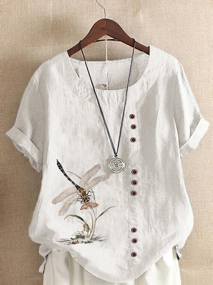 Summer Casual Dragonfly Print Loose T-shirt Retro Cotton and Linen O-neck Plus Size Short-sleeved Women's Top XS-5XL L white