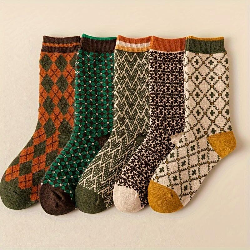 5 Pairs Soft Geometric Pattern Socks, Comfy Mid Tube Women's Stockings & Hosiery One-size