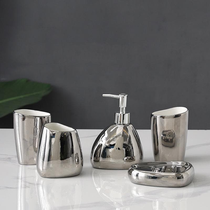 5pcs 1set Bathroom wash up Light luxury ceramic accessories set,Soap holder,mouthbrush cup,storage jar and lotion jarceramic set for Toilet supplies. silver