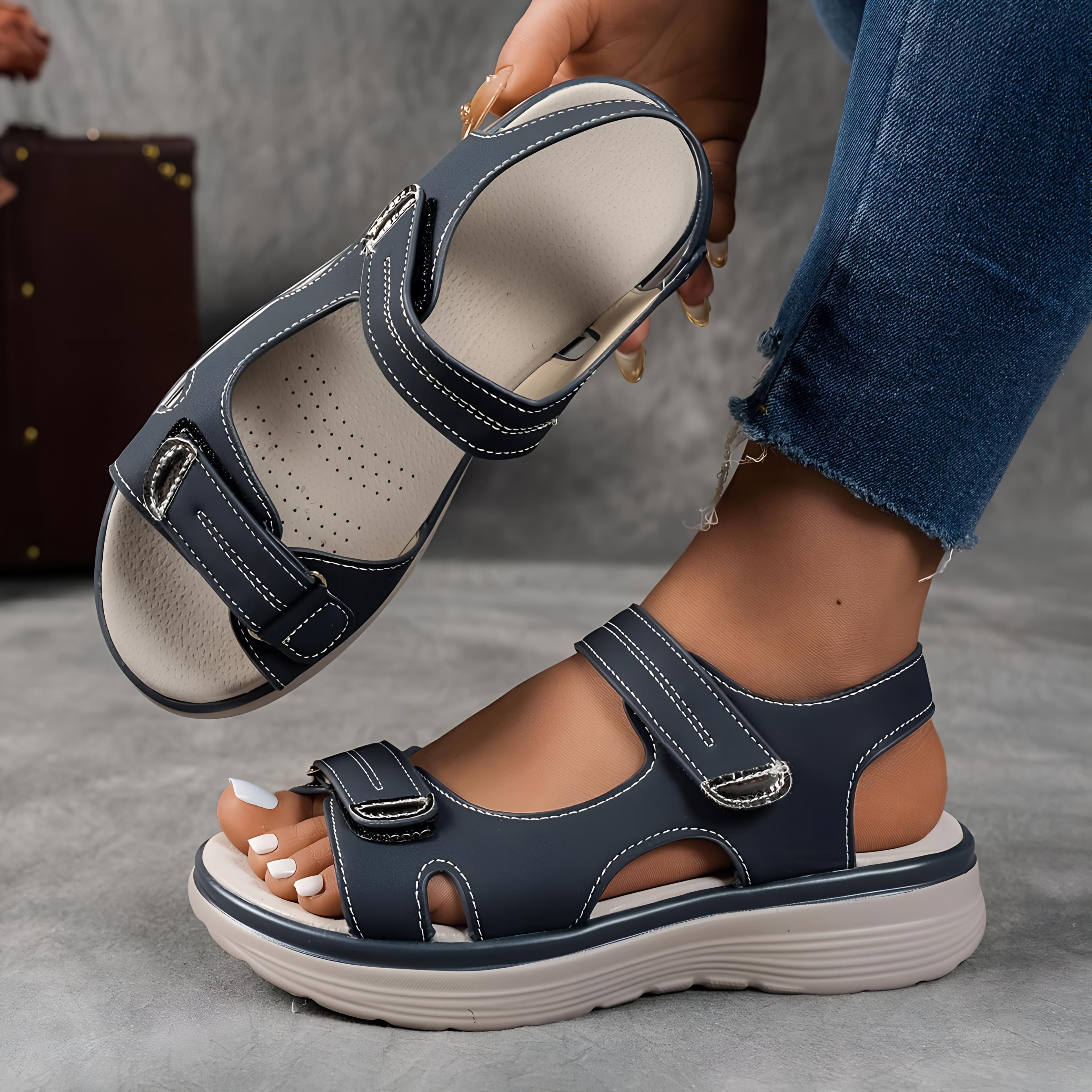 Ladies' Comfortable Wedge Sandals, Ankle Strap, Open Toe Hollow Design, Thick Rubber Sole, Casual Summer Shoes for Outdoor Relaxation 43 blue
