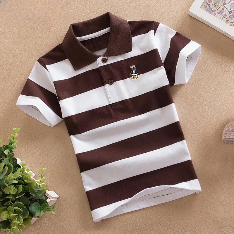 Boys Summer Short-sleeved T-shirt Pure Cotton 1-13 Years Old Shirt Medium and Large Children Striped Lapel Polo Shirt 110cm