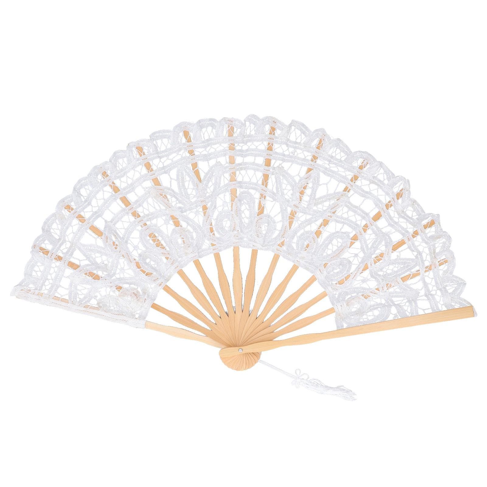 Folding Fan Hallow Lace Bamboo Bones Vintage Style Hand Fan with Tassel for Performance Clothes white