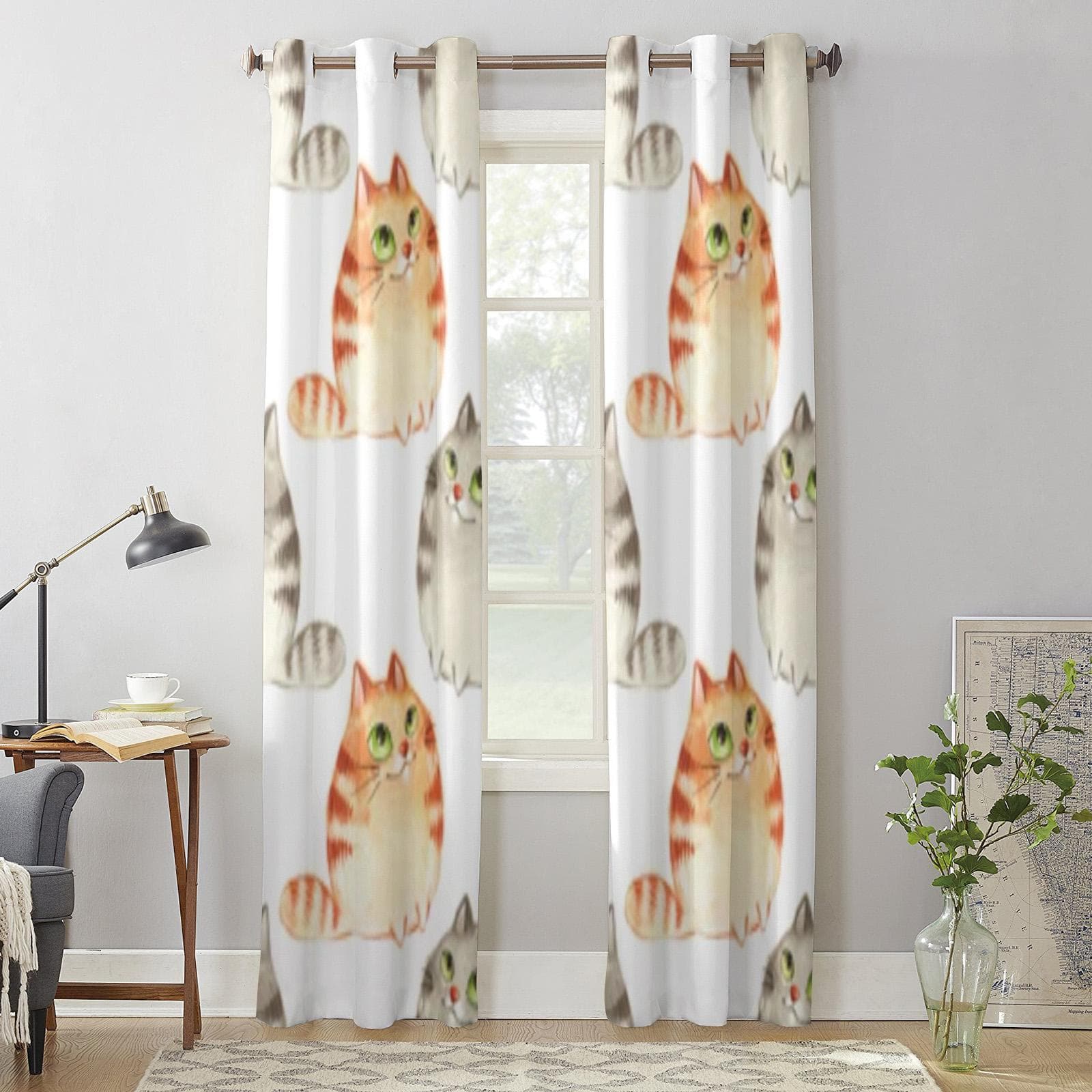 Watercolor Cartoon Cats Window Curtain For Kids Room Home Blinds Curtains For Living Room Bedroom Window Drapes 135W x 60H(cm) x1