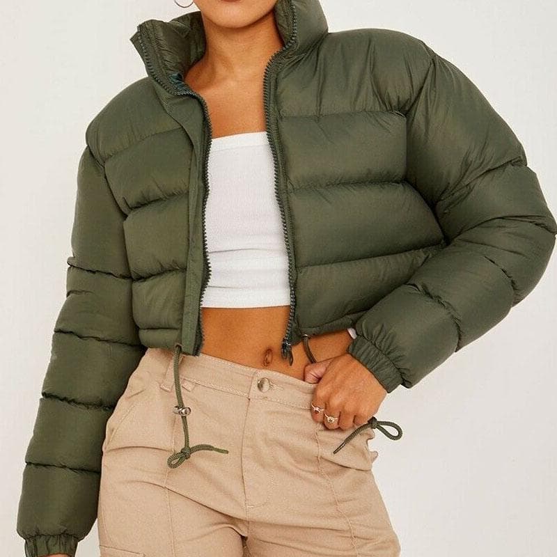 Winter Warm Stand Collar Long Sleeve Zipper Short Cotton Padded Jackets S army green