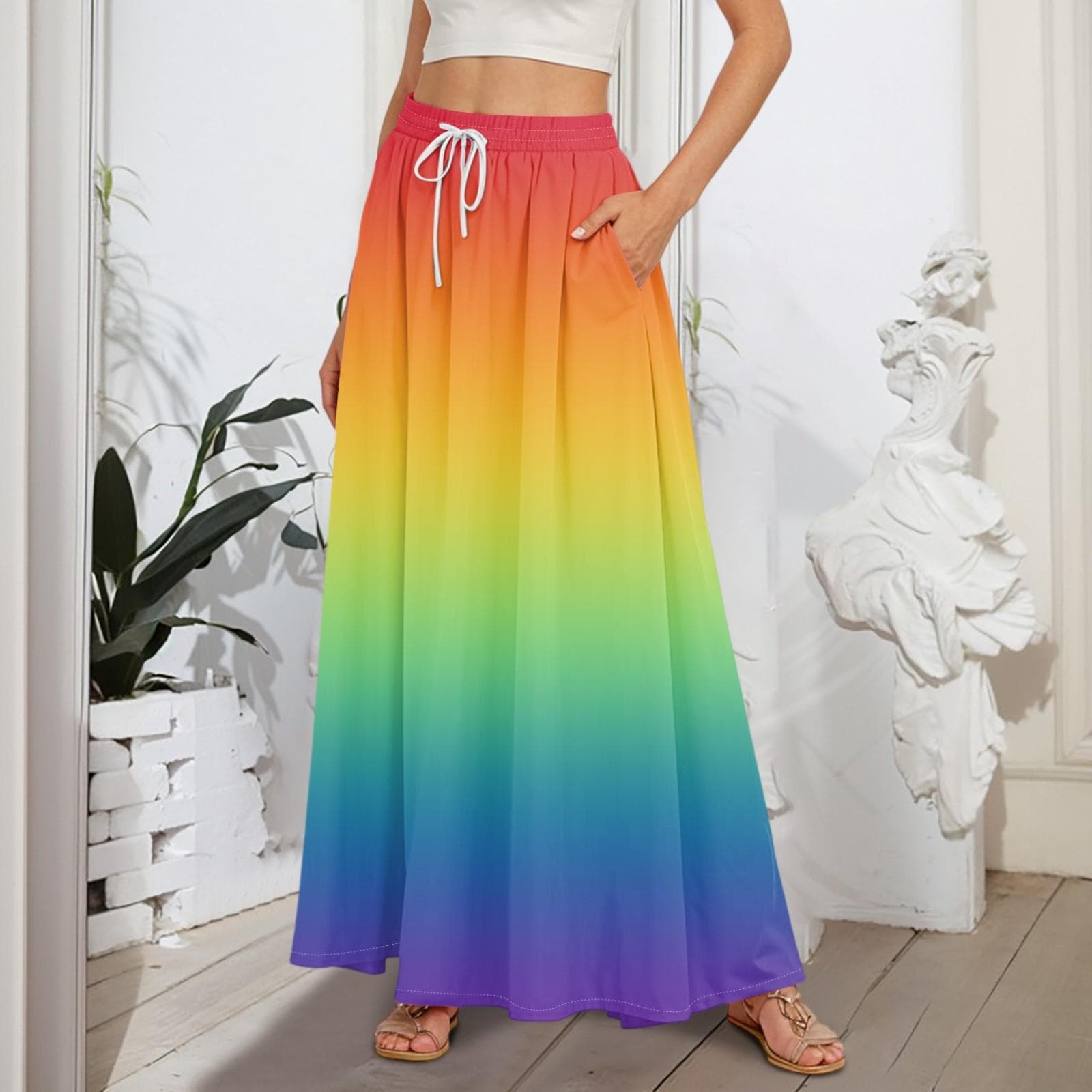 Women's Flowy Flared Ruffle Hem A Line Maxi Skirts Elastic Waist Elegant Tiered Layer Boho Long Skirts M