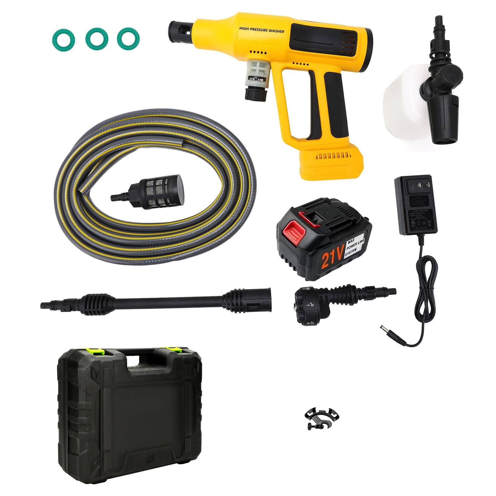 1000PSI Cordless Pressure Washer Brushless with 21V 4.0AH Battery Charger 6 In 1 Nozzle 5m yellow