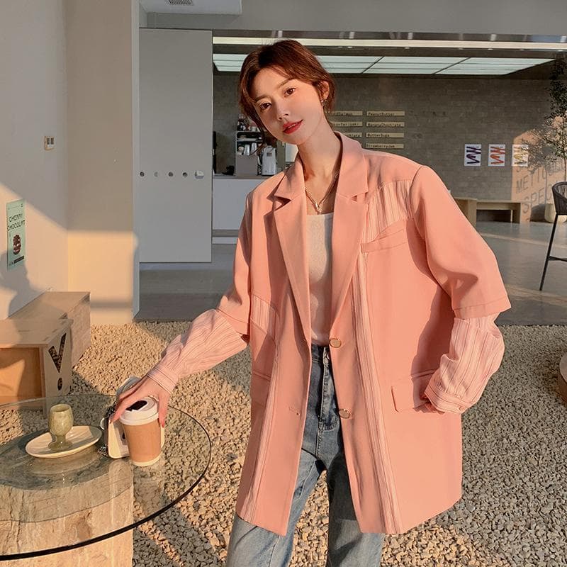 Women's New Spring and Autumn Korean Style Niche Design Small Suit Striped Fake Two-piece Casual Suit Jacket XL pink