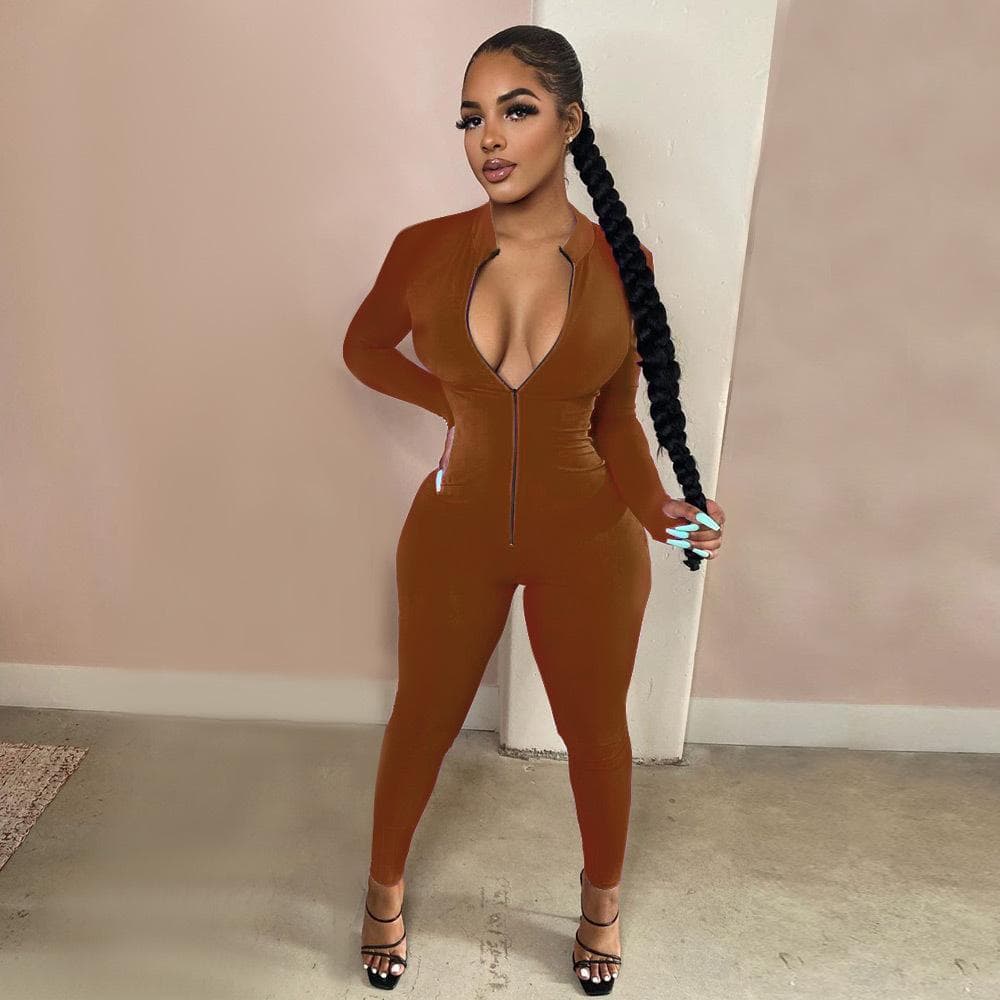 Workout Active Wear Solid Color Rompers Womens Jumpsuit Sporty Long Sleeve Fitness Clubwear Zipper Party Jumpsuits Bodycon S