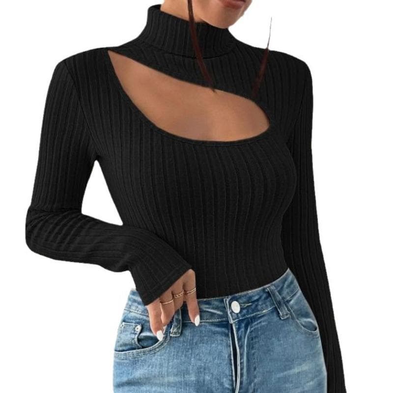 Sexy Hollowing Out Slim Fit Sweater Women Autumn Turtleneck Long Sleeved Leisure Pullover Versatile Top S black