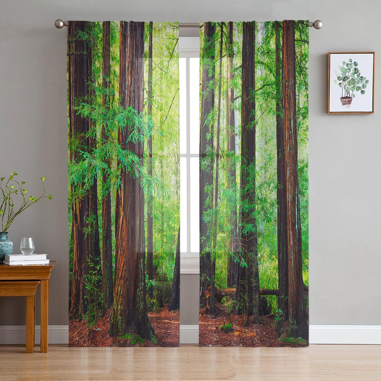 Luxury Tulle Curtains Fog Woods Fir Jungle Living Room Kitchen Chiffon Curtain Youth Bedroom Sheer Floor Valance Curtain 135W x 160H(cm)