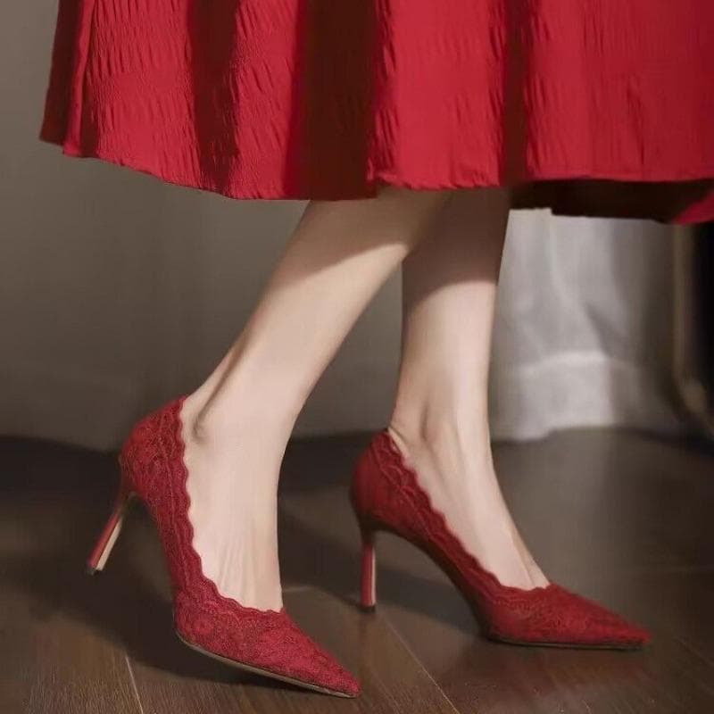 Bride White Lace Stilettos High Heels Women Party Pointed Toe Mesh Shallow Pumps Luxury Design Leather Official Wedding Shoes 38 wine red