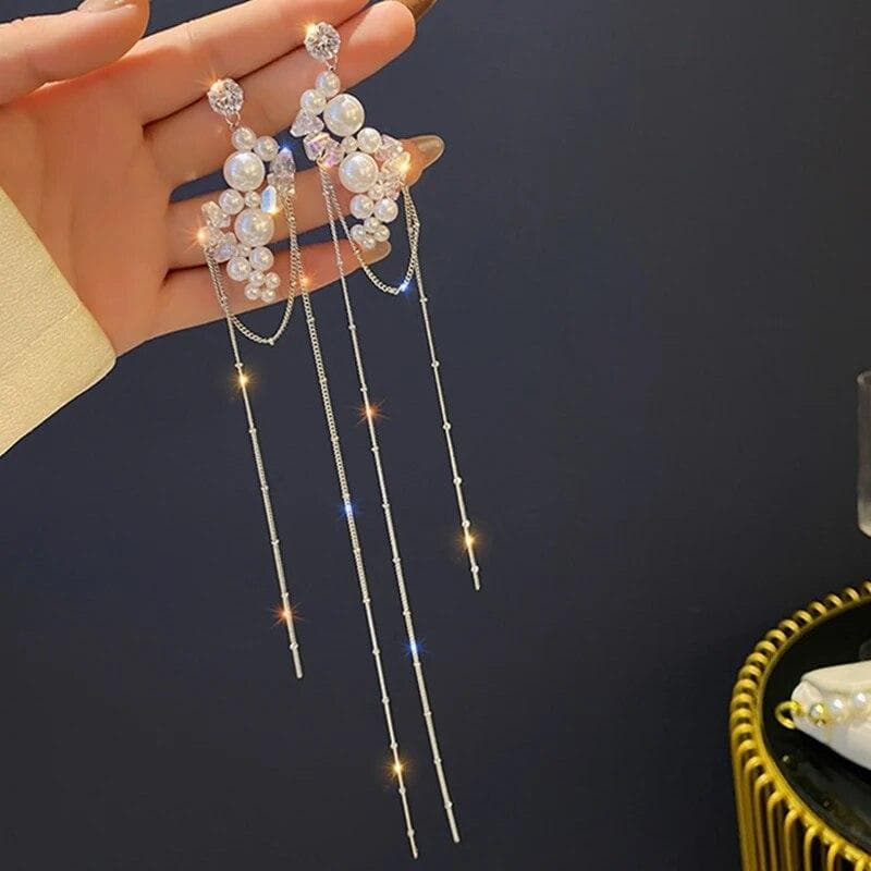 Trend Korean Crystal Dangle Earrings for Women Long Chain Tassel Fashion Earrings Party Jewelry Gift
