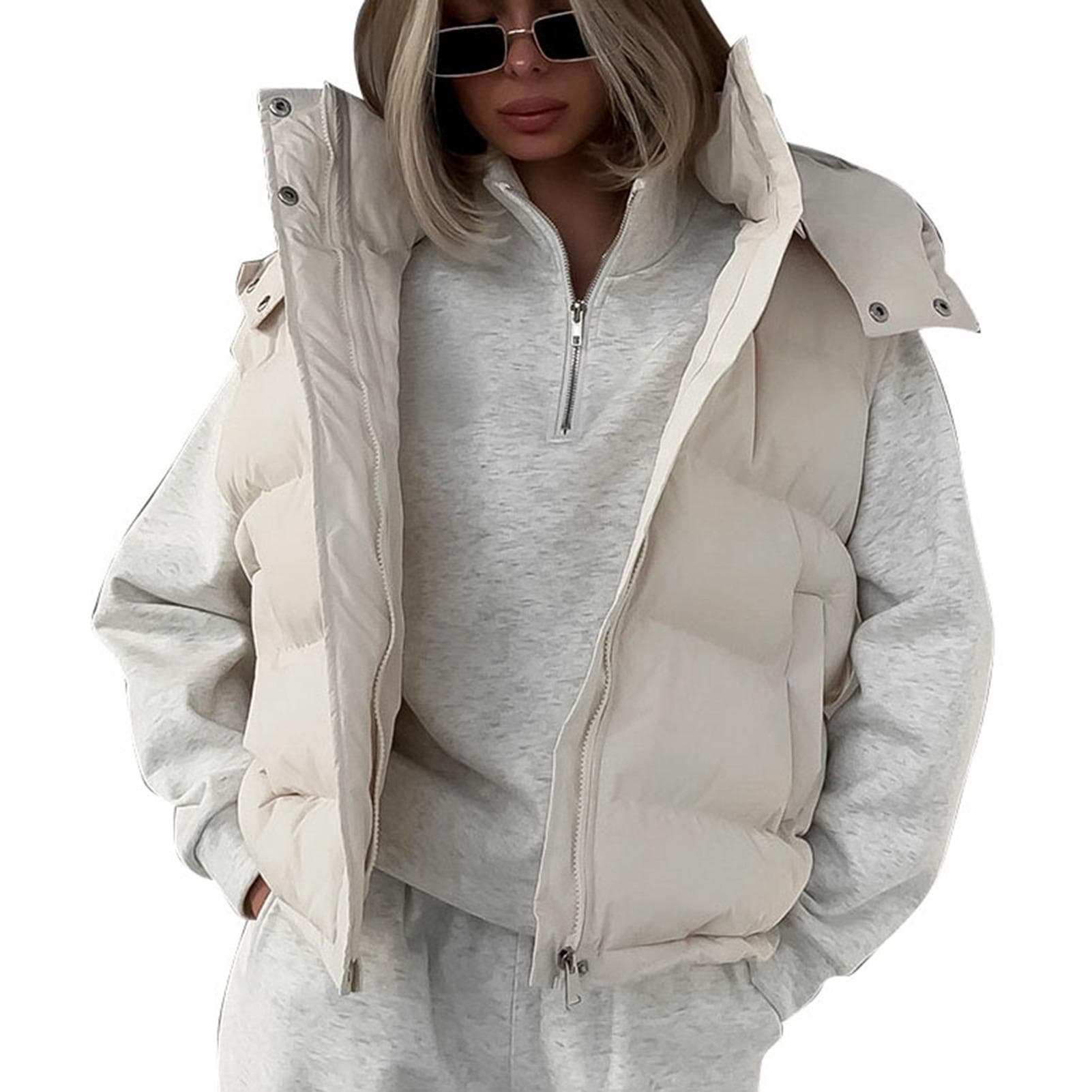 Down Cotton Vest Short Casual Sleeveless Puffer Lightweight Hooded Zipper Up Jacket for Party S beige