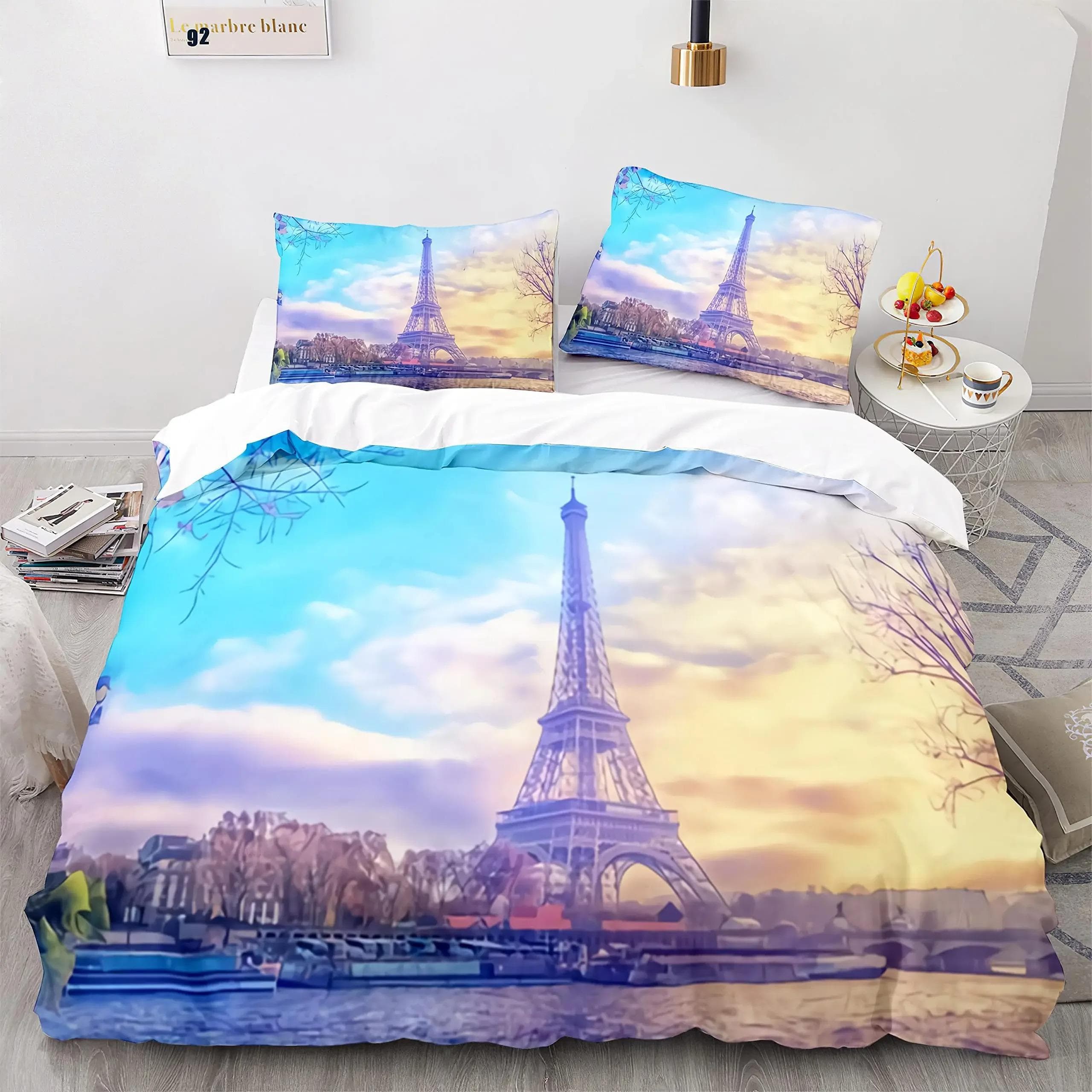 Eiffel Tower Duvet Cover Set King Size Paris Cityscape Twin Bedding Set Polyester Comforter Cover Boys Girls 70x133cm 2pcs