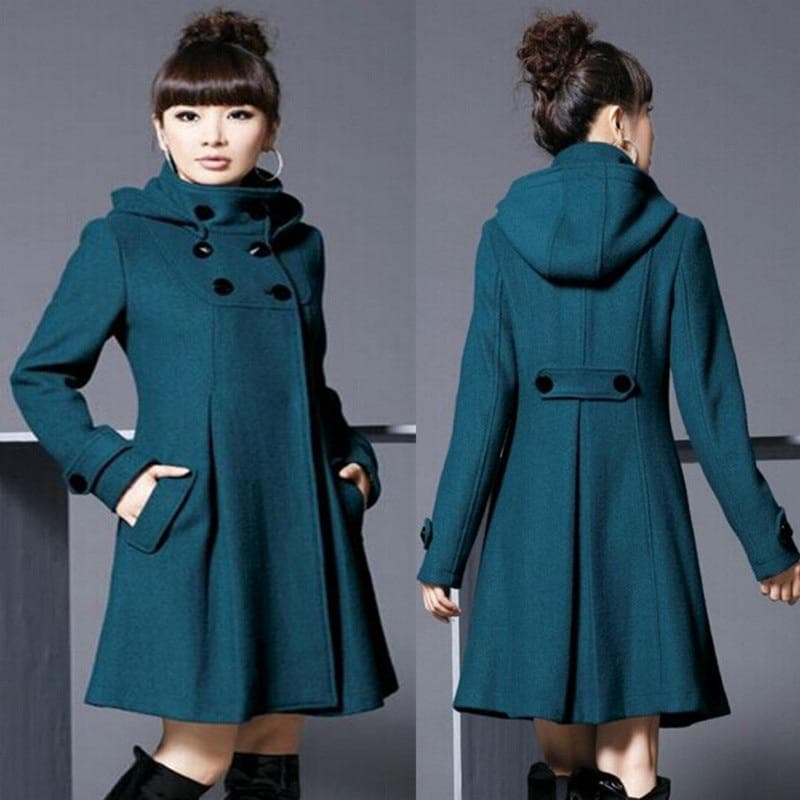 Jacket Women's Black Long Woolen coat Autumn Winter Fashion Hooded Double-breasted Cloak Windbreaker Female Outerwear XL dark green
