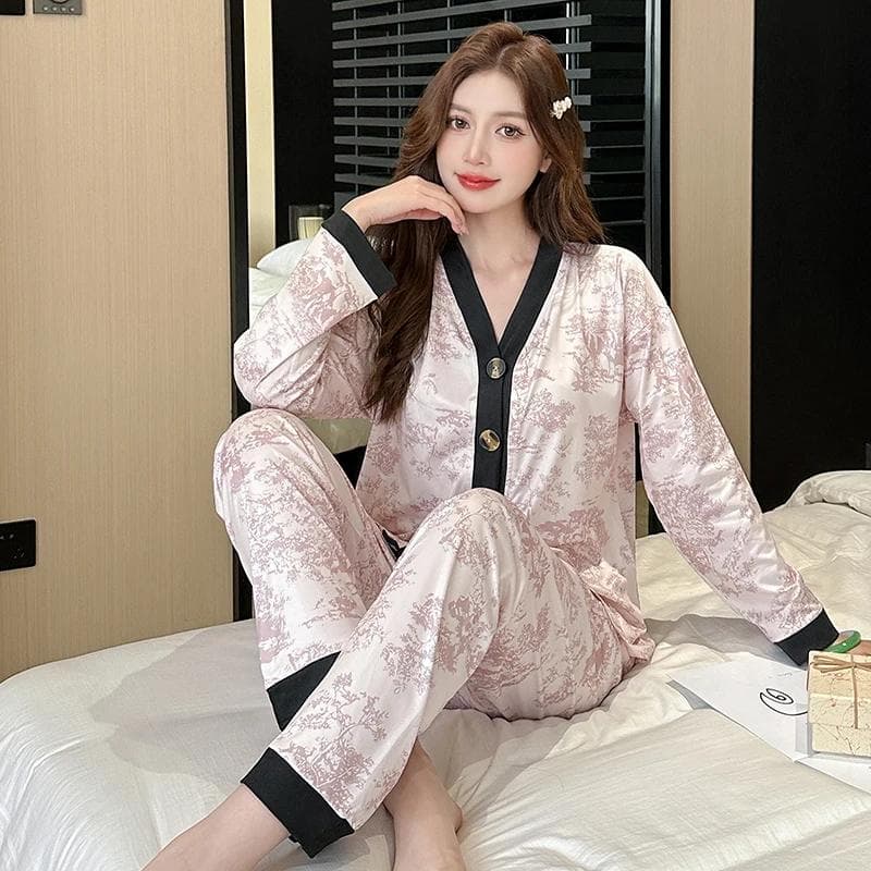 Bow Tie Black Print V-neck Plus Size Women's Pajamas Korean Fashions Sweet Homewear Sets Long-sleeved Trousers Casual Sleepwear 4XL
