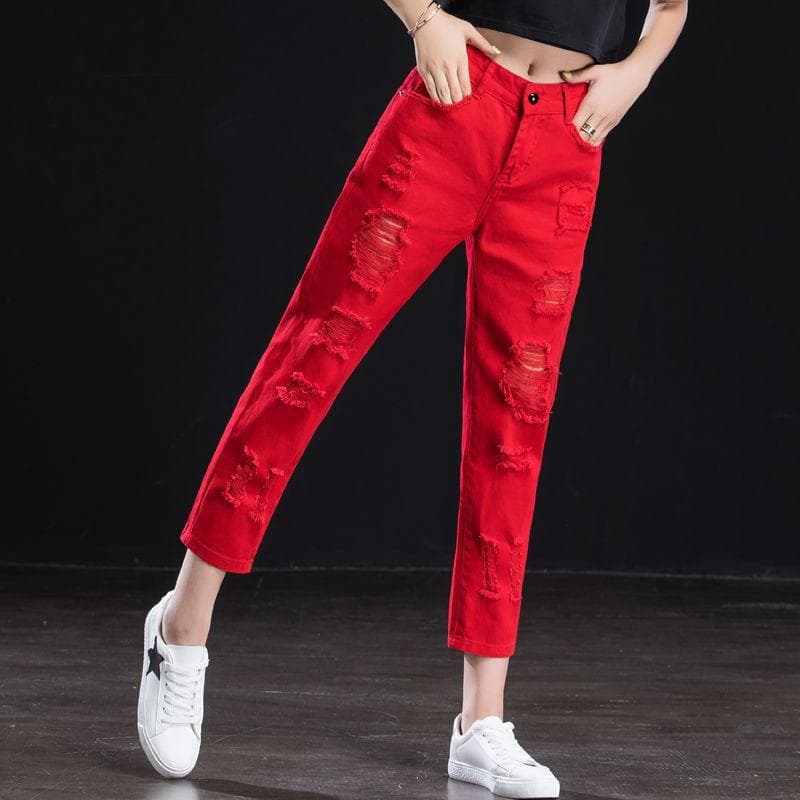 White Ripped Jeans Female Nine-point High-waisted Harlan Pants Female Radish Pants 34