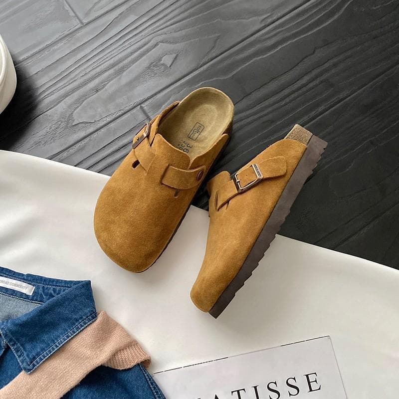 Fashion Women Suede Slippers Wedges Heel Cork Mules Platform Clog Non Slip Sole Buckle Outdoor Home Shoes 40 camel