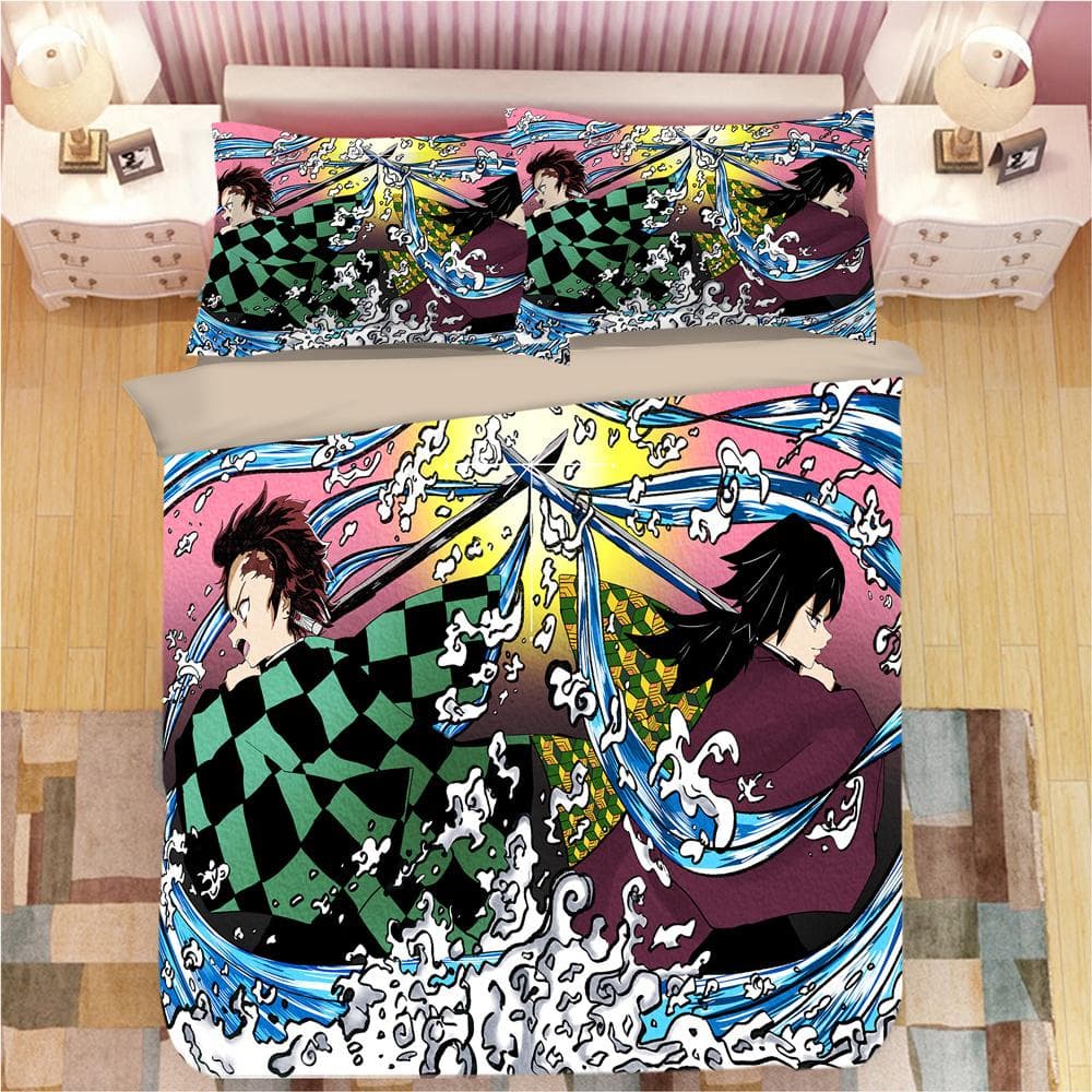 Demon Slayer Bedding Sets Cartoon Comforter Bed Linen Boys Kids Single Double Size Soft Bedclothes Home Decor Anime Duvet Covers Cot Size 70x130cm2pc