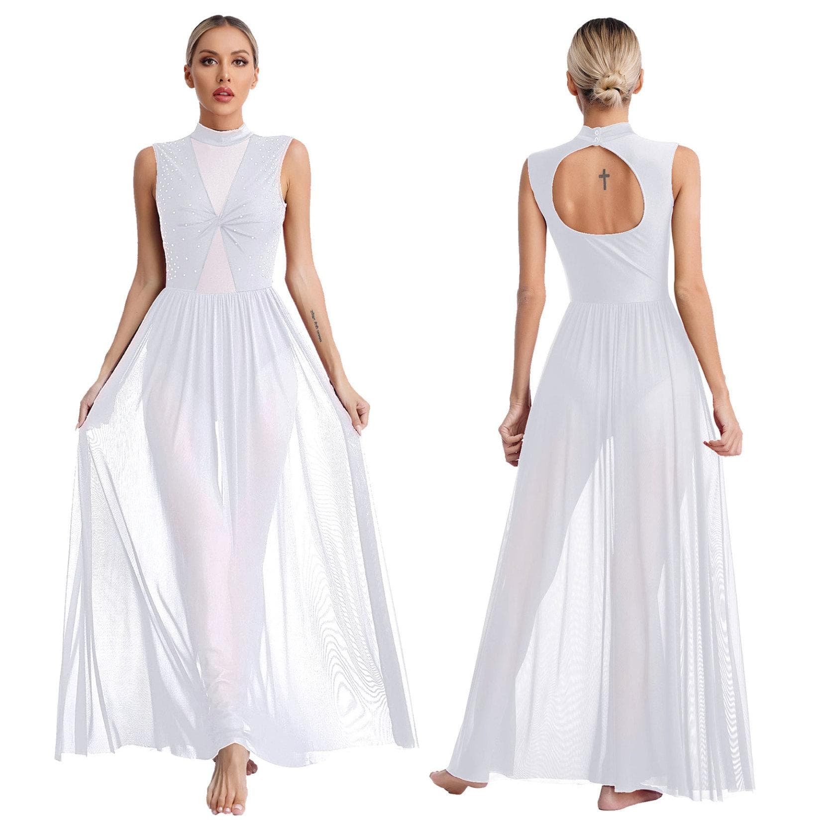 Women Long Dress Lyrical Modern Dance Sleeveless Open Back Twist Sheer Mesh Overlay Leotard Praise Liturgical Dancewear XL white