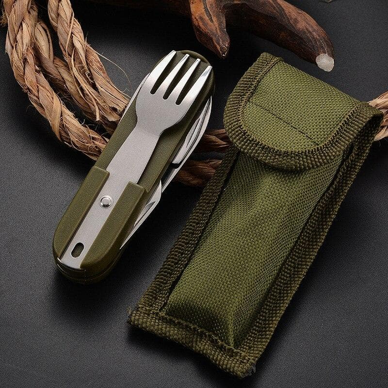 7 In 1 Multifunctional Outdoor Tableware Stainless Steel Foldable Fork Spoon Knife Picnic Camping Hiking Travelling Dinnerware green
