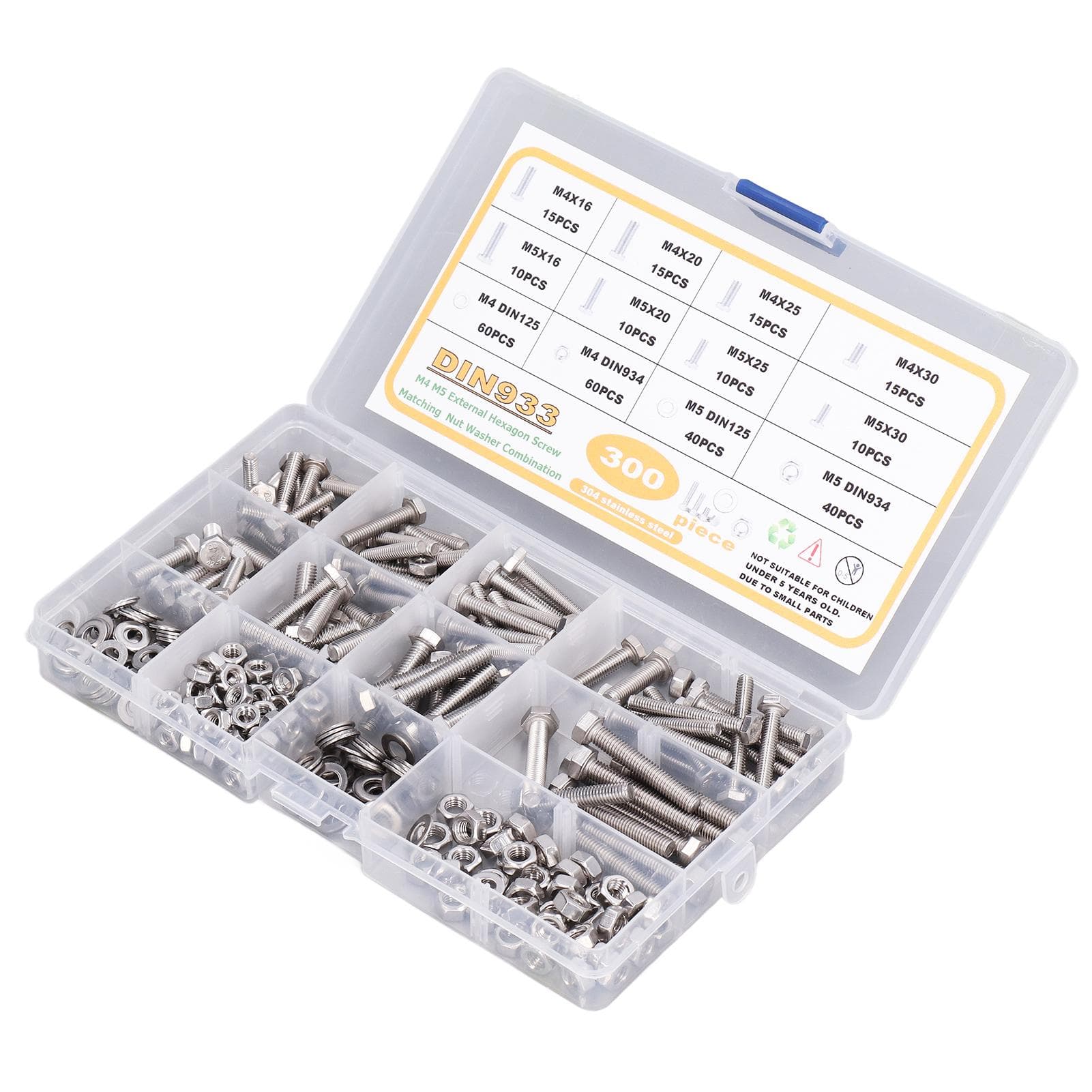 300Pcs Stainless Steel M4 M5 DIN933 Screw Hex Bolts DIN934 Nut DIN125 Washer for Repairing