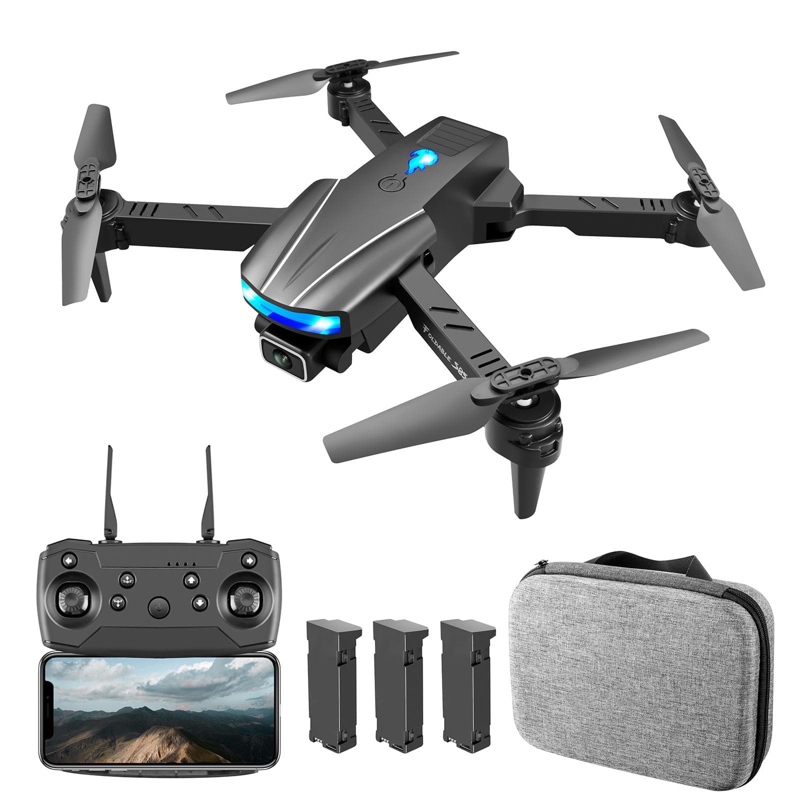 YLR/C S85 RC Drone RC Quadcopter with Function Obstacle Avoidance Headless Mode One Button Takeoff 4K camera-3 battery black