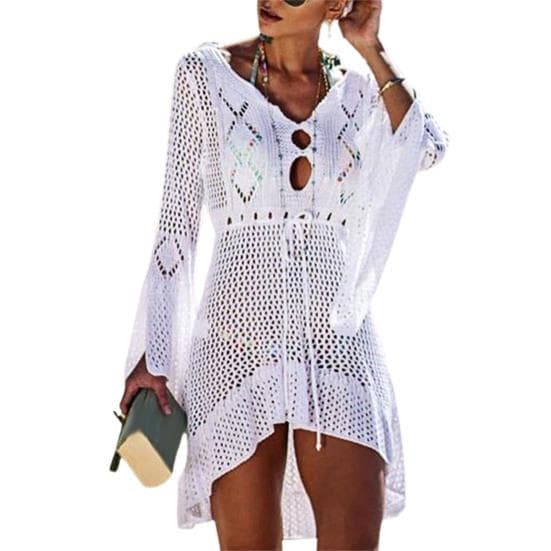 Sexy Beach Cover Up Long Sleeve Sun Protection Dress Flared Sleeves Solid Color Beach Dress for Swimming Pool