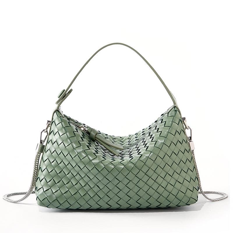 Genuine Leather Woven Dumpling Bag: Sheepskin Chain Messenger Pillow Handbag grass green