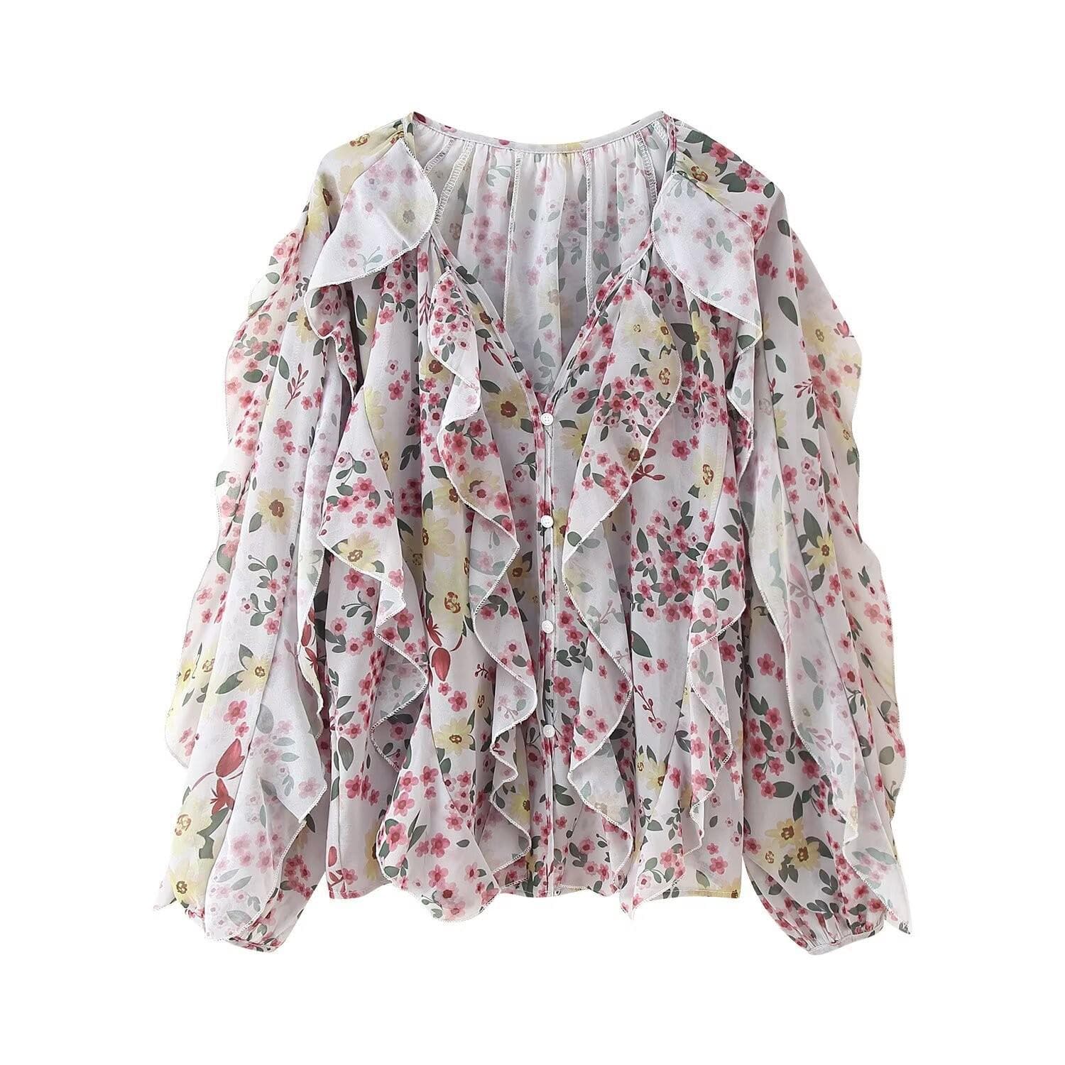 2025 Spring Women's Bow Tie Layered French Lantern Sleeve Shirt Large