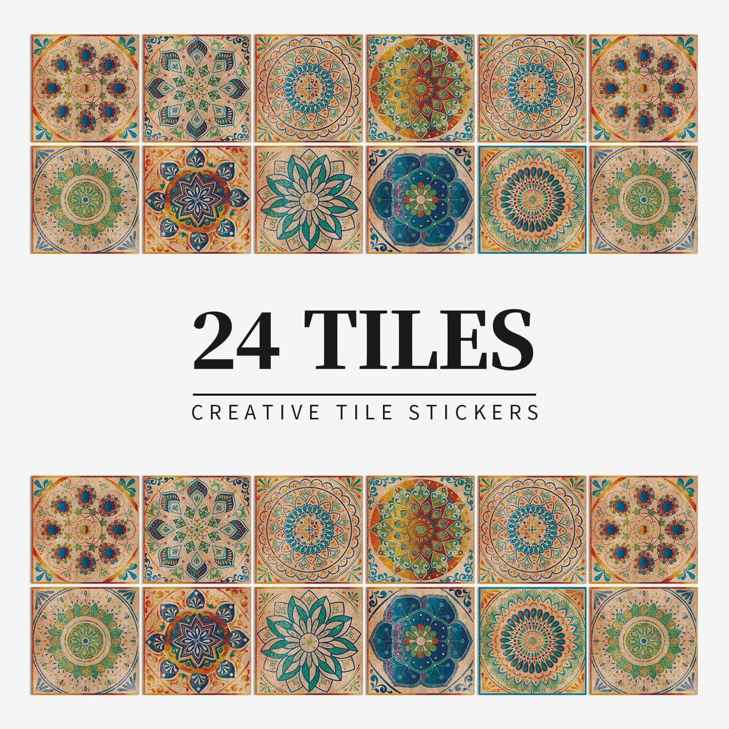 24pcs Retro Mandala Wall Stickers Kitchen Self-Adhesive Waterproof Tile Stickers Bathroom Decor Moroccan Pvc Decal 10*10*24PCS