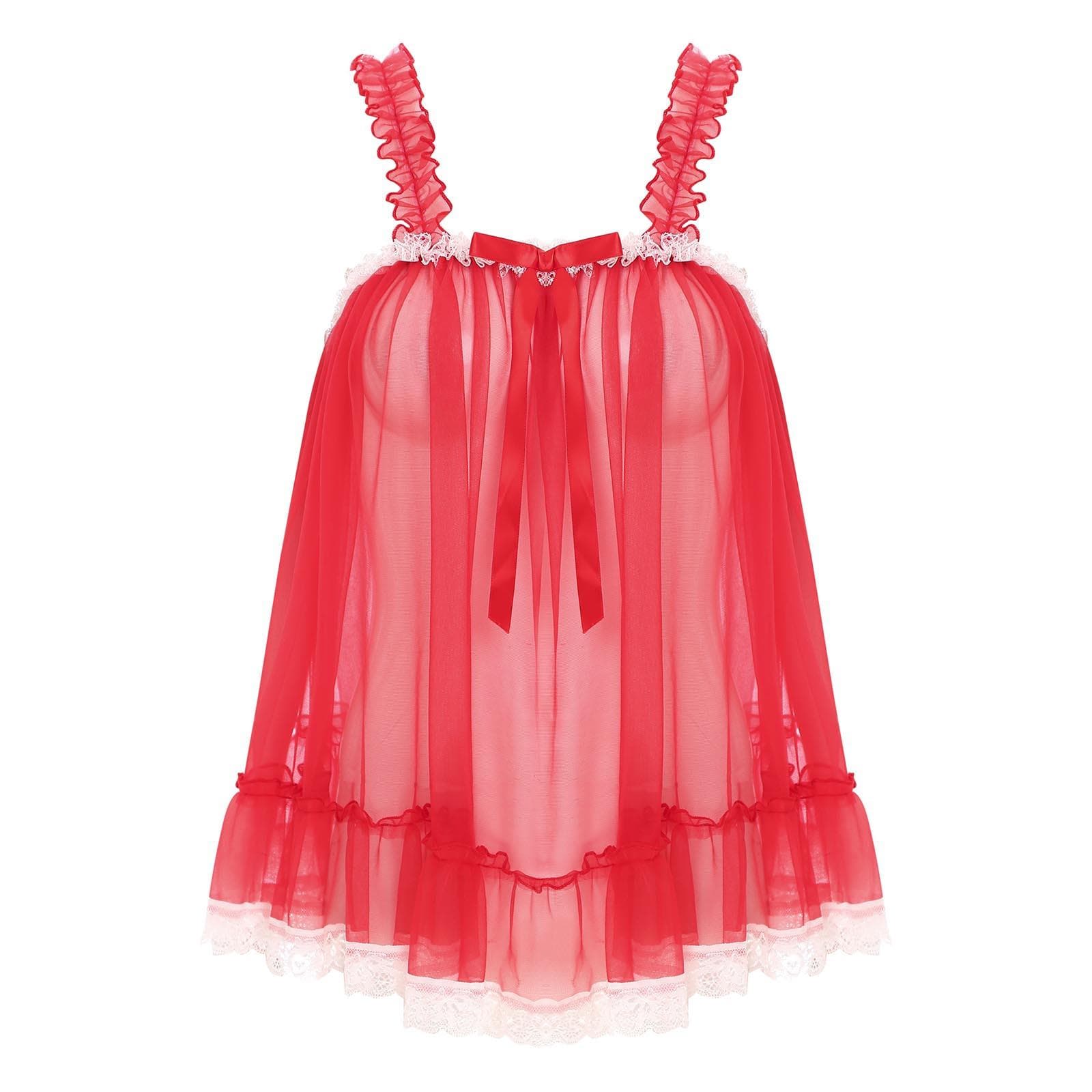 Womens Sheer Mesh Ruffle Strap Camisole Lace Trim See-Through Nightclub Top Bow Accent Sultry Evening Party Slip Blouse M red