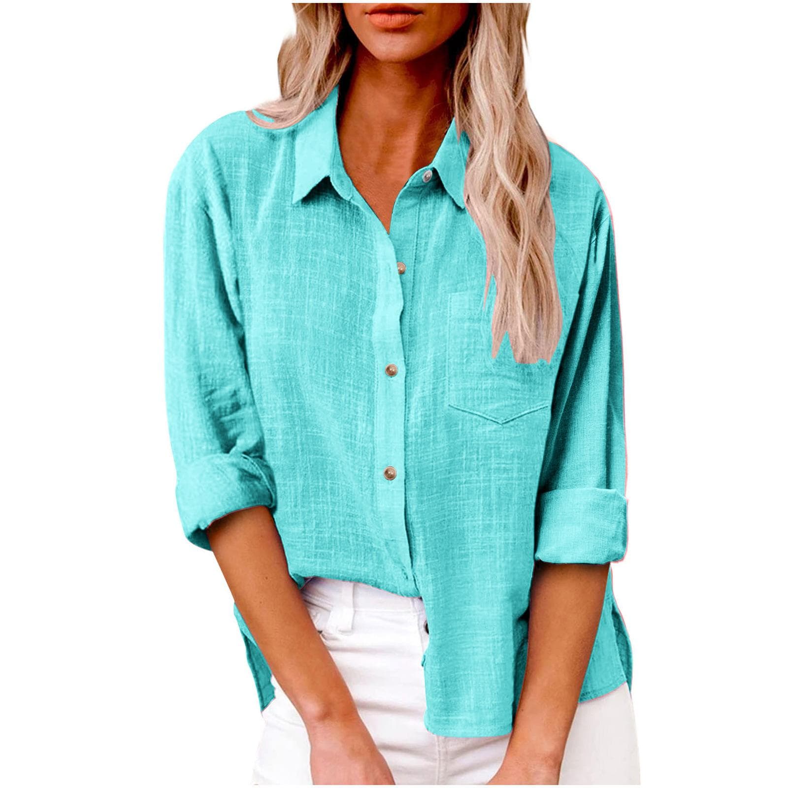 Thin Fabric Spring Autumn Pocket Split Long Sleeve Blouse Women's Breathable Soft Top Plus Size Cotton Linen Shirt 5XL light green