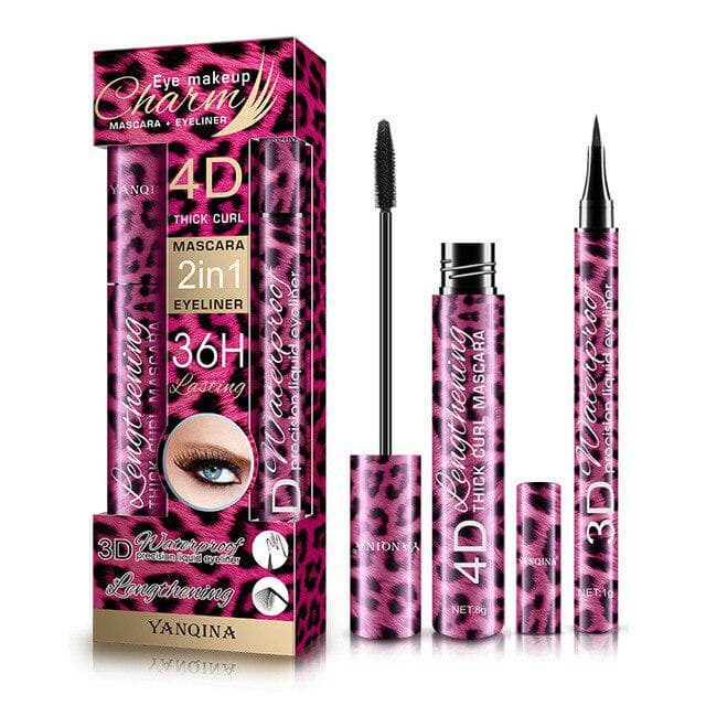 Leopard Makeup Set Black Mascara + Eyeliner Pen Big Eyes Make Up Waterproof 4D Fiber Mascaras