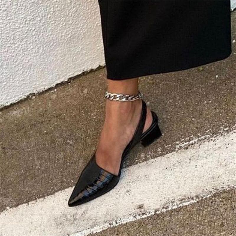 Women's Pointed Toes Pumps Mid Chunky Heels Slingback Sandals Shoes Summer New Vintage Woman Lady Female Sandals Slippers Shoes 39 black