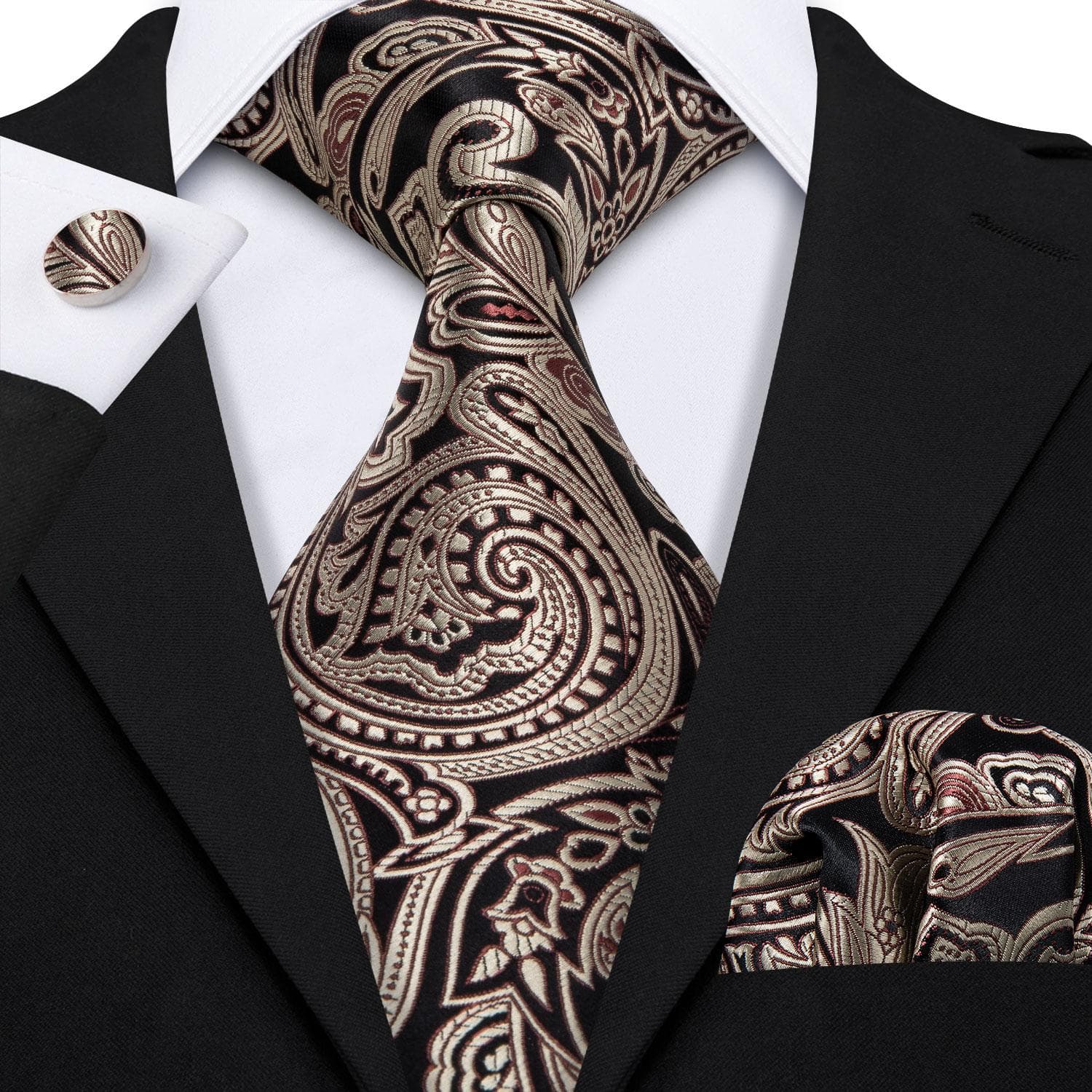 Hi-Tie Mens Accessories Silk Tie Handkerchief Cufflinks Set for Wedding Party Floral Solid Necktie N-1621