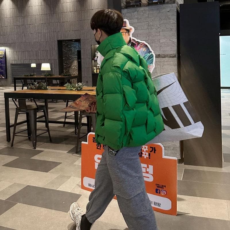 Designed Woven Stand Collar Cotton Coat Men's Winter Cotton Coat Korean Style Loose Cotton Coat 2XL green