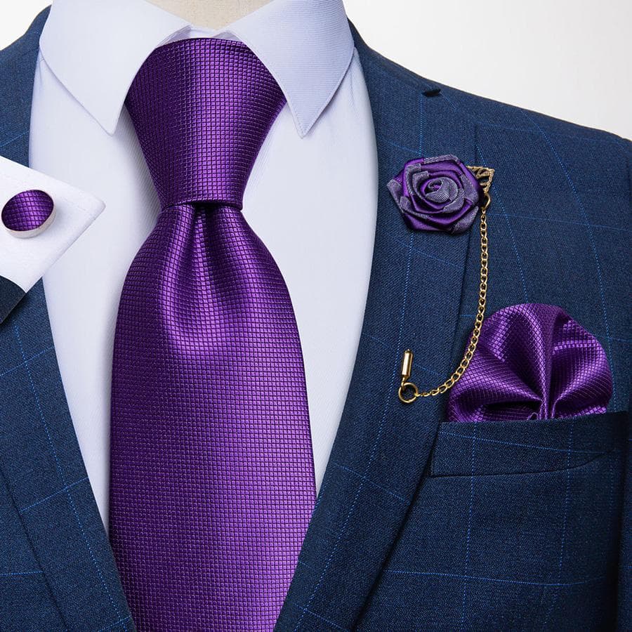 Mens Necktie with Flower Chain Brooch Pin Business Party Silk Tie Hanky Cufflink Set Dibangu 281