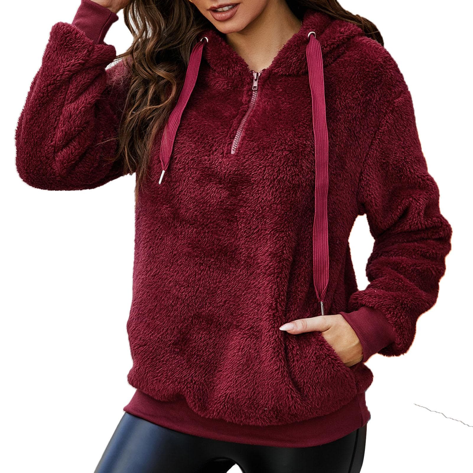 Women Fleece Hoodie Solid Pockets Long Sleeve Warm Fuzzy Sweatshirt Pullovers Autumn Winter Casual M burgundy