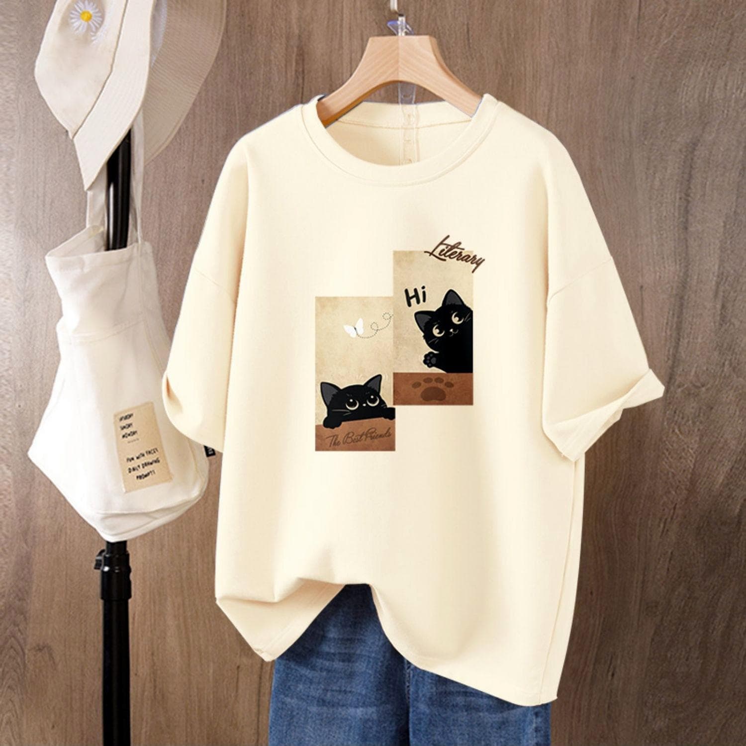 Pure Cotton Cat Printed Short-sleeved T-shirt for Women In Summer New Loose Large-size Half-sleeved Top XXXL