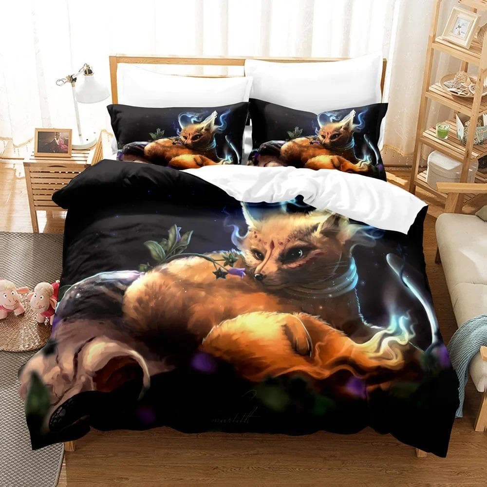 Cartoon Fox Bedding Set Cute Fox with Flower Feather Headband Duvet Cover Twin Full Queen King Polyester Duvet Cover Girls Boys EU Single 135x200cm