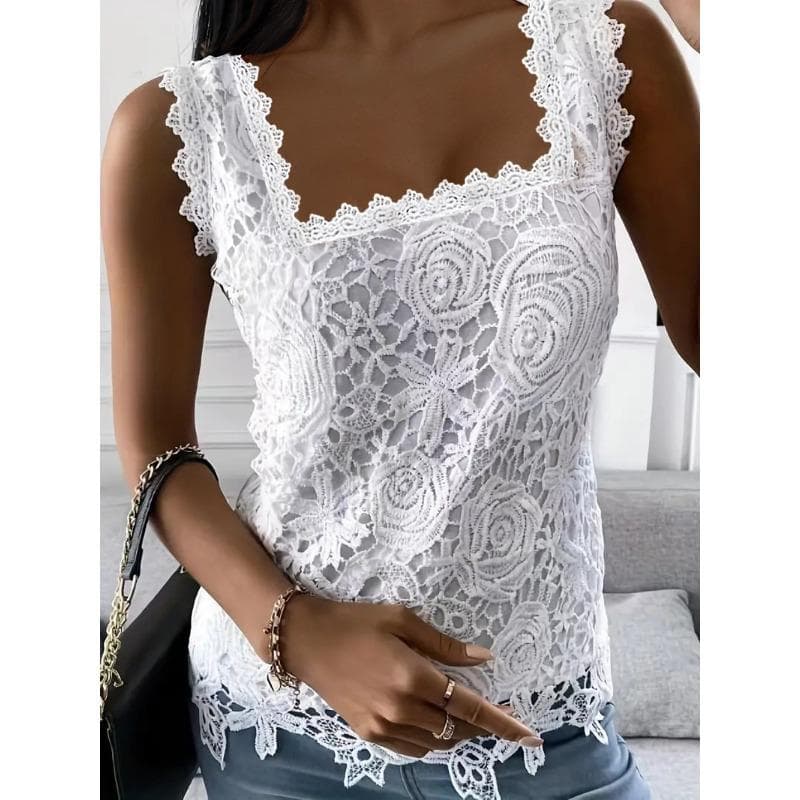 Summer Women's Vest Square Neck Lace Sleeveless Tank Top S white